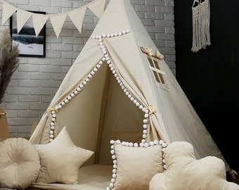 Magnifique tipi pour enfants, style indien, idéal pour jouer à l'intérieur comme à l'extérieur, coloris beige/écru.
