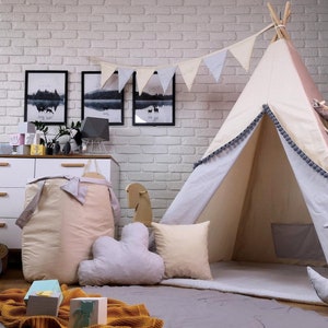 Beautiful Children&#39;s Tipi Tent Set Play Tent Indoor and Outdoor Teepee Indian Tent 7-9 Elements Cushion Accessories Beige Cream Ecru Gray Soft
