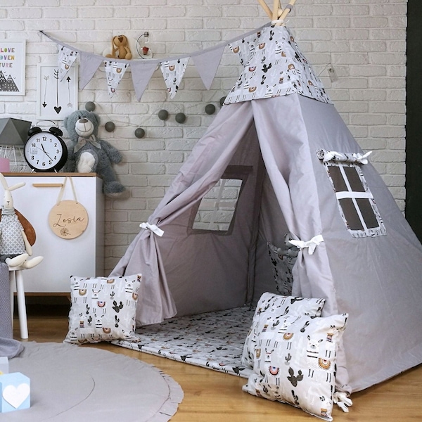 Beautiful children's play tent TIPI SET Teepee Wigwam Indian tent for girls or boys with floor mat cushion stabilizer llama grey
