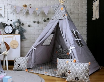 Tomila Speeltent TIPI SET Tipi Wigwam Indianentent voor Meisjes of Jongens met Vloermat Kussen + Stabilisator Teddyberen in Bos