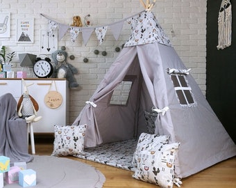 Mooie kinderspeeltent TIPI SET Tipi Wigwam indianentent voor meisjes of jongens met vloermat kussen stabilisator lama grijs