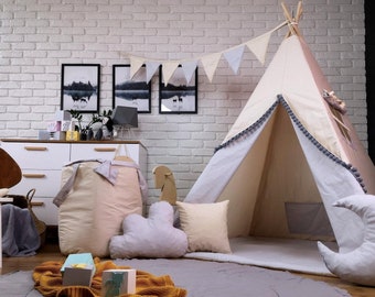 Prachtige Tipi-tentenset voor kinderen Speeltent Binnen en buiten Tipi Indianentent 7-9 Elementen Kussen Accessoires Beige Crème Ecru Grijs Zacht