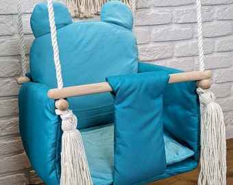 Jolie balançoire pour enfants, balançoire pour bébé, balançoire en bois, tissu, cadeau pour chambre d'enfant, extérieur, intérieur, ours en peluche, turquoise