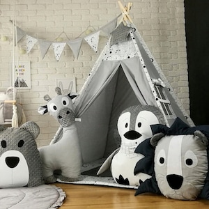 Wunderschönes Kinder Teepee Tipi Zelt Set für Kinder Indianerzelt Spielzelt drinnen und draußen Graue Tiere