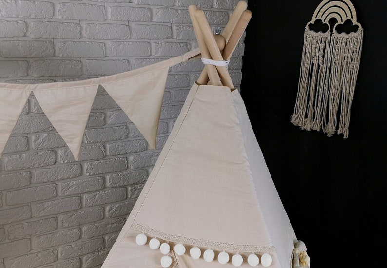 Wunderschönes Kinder Teepee Tipi Zelt Set für Kinder Indianerzelt Spielzelt drinnen und draußen Basic Beige Ecru Bild 6