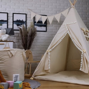 Wunderschönes Kinder Teepee Tipi Zelt Set für Kinder Indianerzelt Spielzelt drinnen und draußen Basic Beige Ecru Bild 2