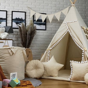 Bel ensemble de tente tipi pour enfants, tente indienne, tente de jeu, intérieur et extérieur, basique beige écru