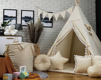 Bellissimo set di tende Tipi per bambini, tenda indiana per bambini, tenda da gioco per interni ed esterni, beige ecru