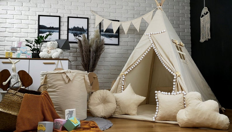 Wunderschönes Kinder Teepee Tipi Zelt Set für Kinder Indianerzelt Spielzelt drinnen und draußen Basic Beige Ecru Bild 1