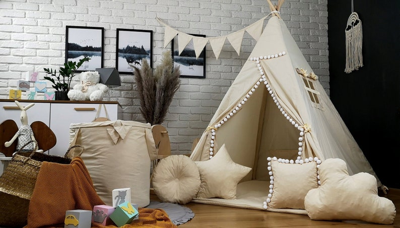 Bel ensemble de tente tipi pour enfants, tente indienne, tente de jeu, intérieur et extérieur, basique beige écru image 1