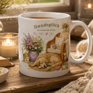 Könnte beinhalten: Ein weißer Keramikbecher mit einer aufgedruckten Illustration eines Golden Retrievers, der auf einem Teppich neben einem Korbsessel und einem Blumentopf schläft. Über dem Hund ist der Text "Hundeglück" und "Hier ist meine Liebe zu Hause" zu sehen.