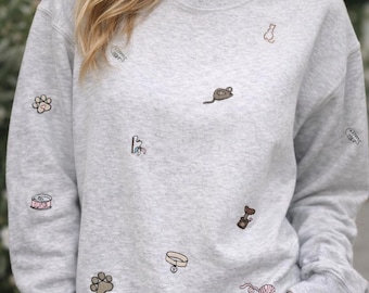 Custom Cat Icon Embroidered Sweatshirt, Personalized Pet Crewneck, Cat Lover Gift