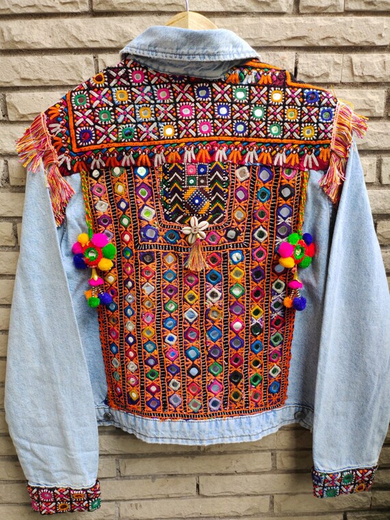 Vintage Denim Jacket Mirror Work Indian 