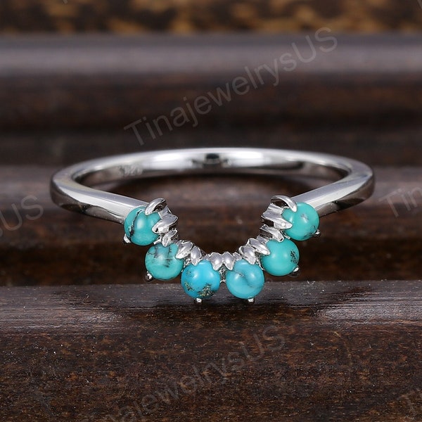 Cluster Round Turquoise Curved Wedding Band Unique 14K White Gold Stacking Matching Ring For Women Vintage Bridal Ring Promise Gifts For Her