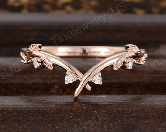Vine Twig Moissanite Curved Wedding Band Vintage Solid 14K Yellow Gold Leaf Stacking Ring Nature Inspired Bridal Matching Chevron Ring Gifts