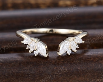 Unique Marquise Moissanite Curved Wedding Band Vintage Solid Yellow Gold Stacking Open Ring  Leaf Matching Bridal Ring Promise Gift For Wife