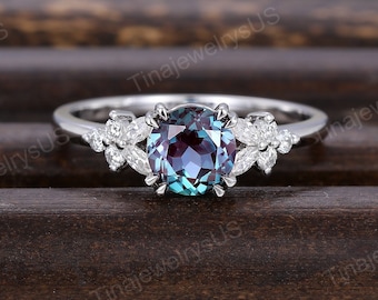 Round Alexandrite engagement ring White gold engagement ring Unique Vintage marquise cut diamond cluster engagement ring wedding Bridal gift