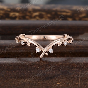 Vintage moissanite Curved wedding band Unique yellow gold ring women round diamond vine leaf twig band Bridal Stacking band Matching gift