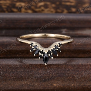 Marquise cut black onyx Curved wedding band Unique rose gold half eternity pave band vintage round cut diamond Stacking Matching Bridal gift