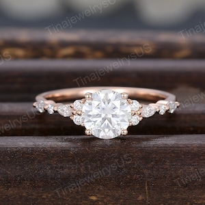 Moissanite engagement ring Vintage Rose gold diamond engagement ring Unique Cluster engagement ring Bridal wedding ring Anniversary gift