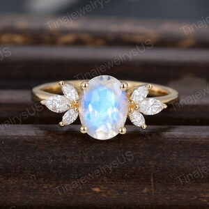 Oval cut Moonstone engagement ring Unique Yellow gold moissanite engagement ring Vintage Cluster Marquise engagement ring Bridal wedding