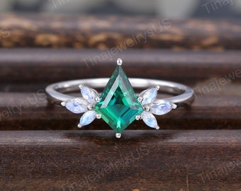 Vintage Kite cut green emerald engagement ring Unique White gold engagement ring marquise moonstone cluster promise ring Bridal gift women