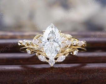 Marquise cut Lab-grown Diamond Engagement Ring set Unique Yellow gold Moissanite / Diamonds Curved Wedding Bridal set Promise gift for her