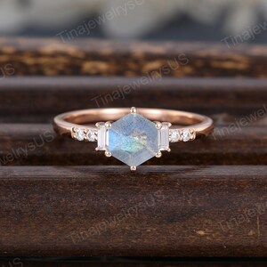 Vintage Hexagon Labradorit Verlobungsring Einzigartige Rose Gold Verlobungsring Baguette Moissanit Cluster Braut Set Versprechen Jubiläum Ring