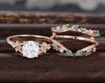 Vintage round moissanite engagement ring set rose gold engagement ring leaf marquise moss agate bridal wedding band unique weave diamond set