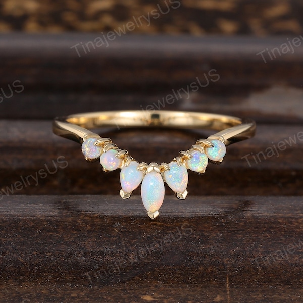 Vintage Curved Opal wedding band Unique Yellow gold wedding band women Marquise wedding ring Bridal Stacking Matching ring promise gift