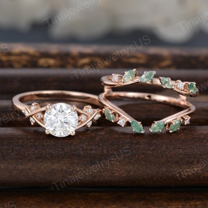 Vintage round moissanite engagement ring set rose gold engagement ring leaf marquise moss agate bridal wedding band unique weave diamond set