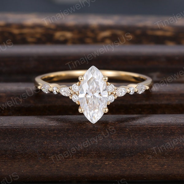 Marquise Moissanite engagement ring Vintage Yellow gold diamond engagement ring Unique Cluster promise ring Bridal wedding ring Anniversary