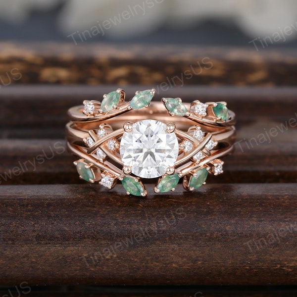 Vintage Moissanite Verlobungsring Set 14K Rose Gold Twist Halbe Ewigkeit Braut Set Natur inspiriert Blatt ZweigEnhancer Stapeln Ehering