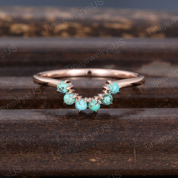 Round Turquoise Curved wedding band Unique rose gold wedding band women vintage wedding ring Bridal Stacking Matching promise gift for her