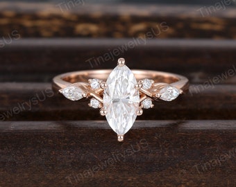 Marquise cut engagement ring Unique rose gold engagement ring Vintage marquise cluster eye ring women anniversary ring Bridal promise gift