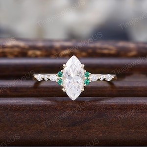 Vintage Marquise cut Moissanite engagement ring Vintage Yellow gold Cluster Lab Grown Emerald + Diamonds Wedding Bridal promise Gift for her