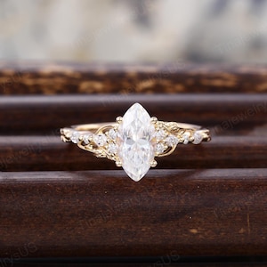 Marquise Moissanite engagement ring Vintage Yellow gold diamond engagement ring Leaf Cluster promise ring Bridal wedding ring Anniversary