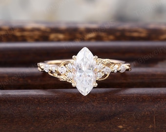 Marquise Moissanite Engagement Ring: Vintage 14k Yellow Gold Leaf Cluster