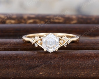 Vintage hexagon moissanite engagement ring yellow gold engagement ring twist dainty diamond bridal promise ring unique delicate weave ring