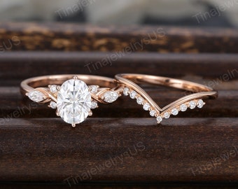 Oval cut engagement ring set Unique rose gold engagement ring Vintage marquise cluster angel eye ring matching stack Bridal set promise ring