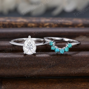 Vintage Pear shaped Moissanite engagement ring set White Gold Unique solitaire engagement ring Turquoise wedding band Bridal set Anniversary