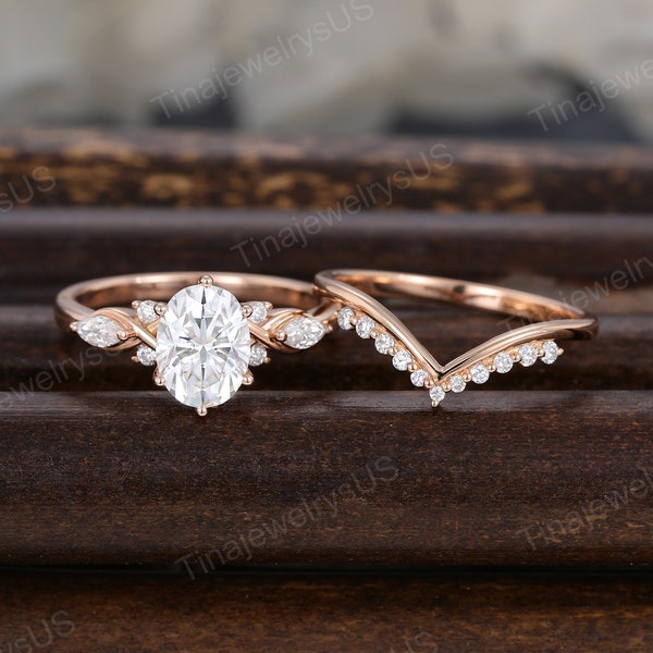 Oval cut engagement ring set Unique rose gold engagement ring Vintage marquise cluster angel eye ring matching stack Bridal set promise ring