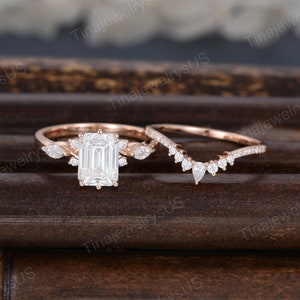 Emerald cut engagement ring set Unique rose gold engagement ring Vintage pear cluster ring matching stack wedding ring set promise ring gift