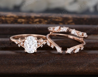 Oval cut moissanite engagement ring set rose gold engagement ring kite cut diamond three ring stacking unique bridal double wedding band