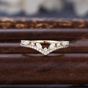 Vintage moissanite Curve wedding band Unique yellow gold ring women marquise diamond double layer band Bridal Stacking band Matching gift