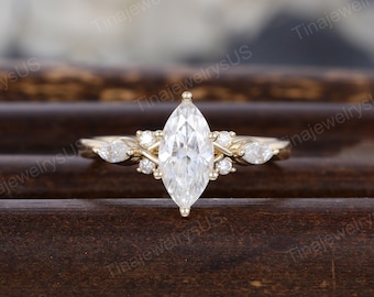 Marquise Moissanite Engagement Ring: 14K Yellow Gold Vintage Cluster