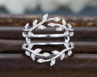 Nature inspired double curved wedding band Solid white gold milgrain moissanite enhancer open ring for women Vine leaf bridal stacking ring