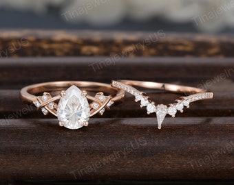 Vintage pear shaped moissanite engagement ring set rose gold engagement ring kite half eternity bridal set wedding match unique  weave ring