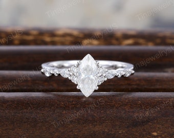 Marquise Moissanite Cluster Ring: 14k White Gold Diamond Bridal Ring