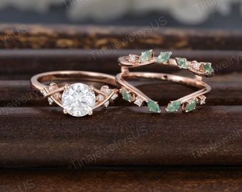 Vintage Moissanite Engagement Ring Set: Rose Gold Leaf Band, Moss Agate Wedding Ring
